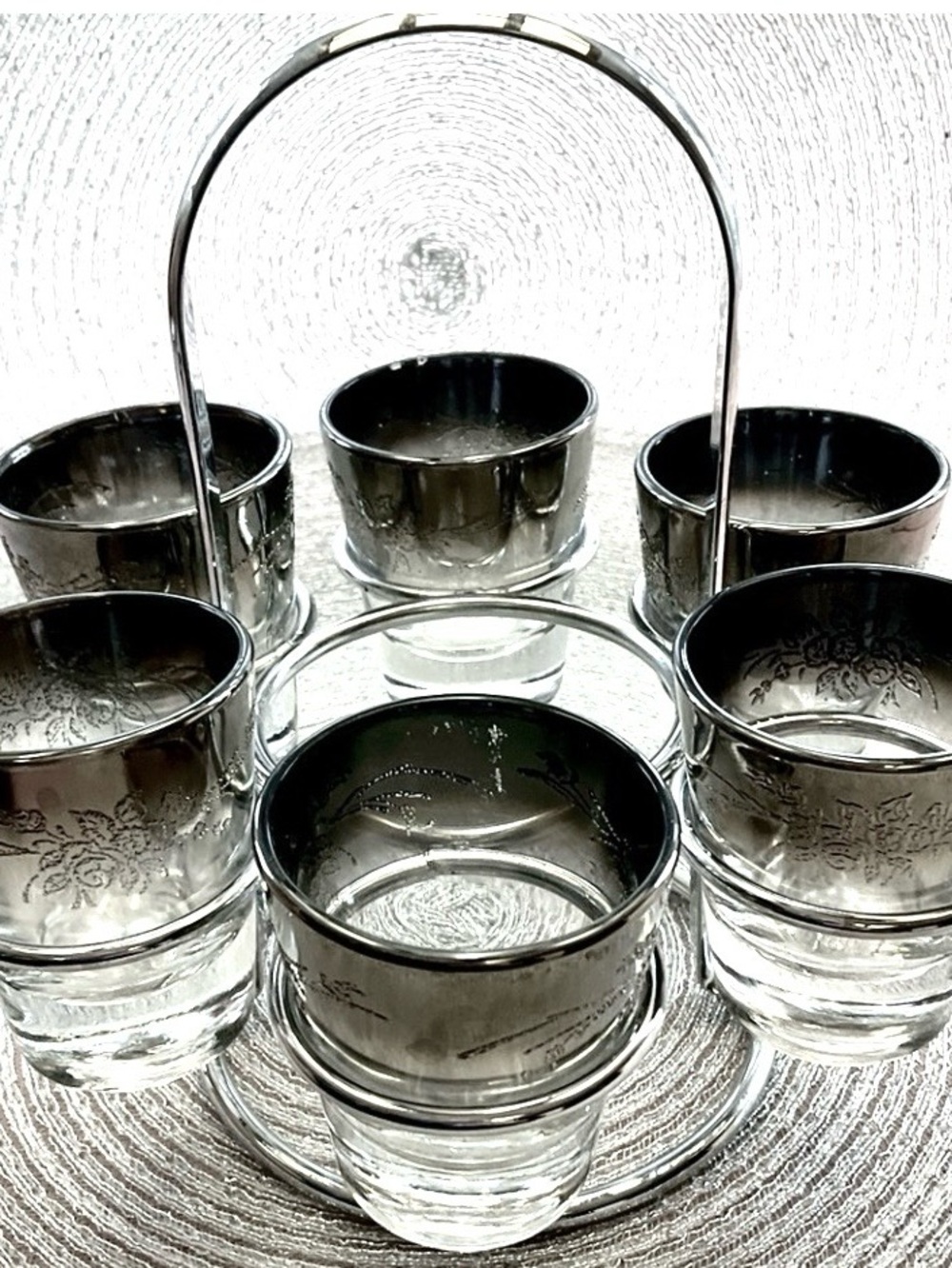 Vintage 1970s Silver/Black Ombré Shot Glasses in Chrome Caddy Mint Condition